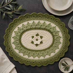 May include: An oval crochet placemat featuring a central cream-colored flower with green leaves, surrounded by concentric rings of cream and sage green yarn. The border is finished with a scalloped edge in a darker olive green yarn.
