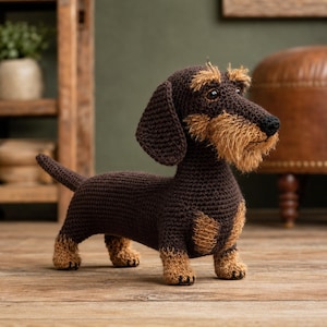 May include: A crocheted dachshund figurine featuring a dark brown body with textured tan accents on the muzzle, eyebrows, chest, and paws. The dog has long, floppy ears, a black nose, and a short tail, crafted with visible yarn stitches.