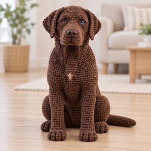 Peut inclure: Une figurine de chien au crochet marron assise en position verticale. Le chien présente une surface en fil texturé, un nez marron foncé et deux yeux distincts, l'un ambre et l'autre bleu. Un petit emblème décoratif clair est fixé sur la poitrine.