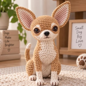 Pode incluir: Uma figura de chihuahua em crochê feita com fio castanho e branco, grandes olhos castanhos escuros, nariz preto e orelhas pontiagudas de tamanho grande. O cão está sentado numa posição vertical com a cauda levantada e pontos detalhados.