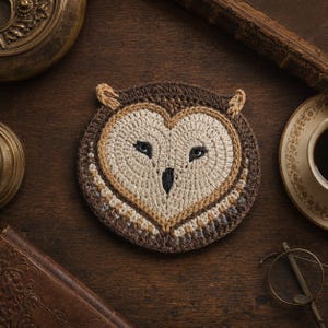 May include: A round, crocheted coaster featuring a detailed owl face. The design uses shades of dark brown, light beige, and cream yarn. The owl has a heart-shaped facial disc, two small tufted ears, and embroidered black eyes and beak.