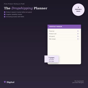 Könnte beinhalten: Ein digitaler Dropshipping-Planer mit dunkelviolettem Hintergrund. Er enthält einen monatlichen Margen-Tracker mit Feldern für Umsatz, Produktkosten, Werbeausgaben und Nettomarge. Das Dokument umfasst 5 druckbare Seiten in A4 und Letter.