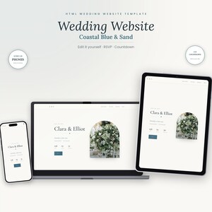 wedding website template html editable save the date site rsvp countdown coastal blue sand beach instant download