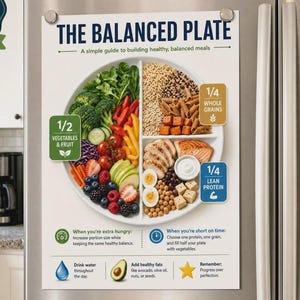 May include: A rectangular poster titled THE BALANCED PLATE, a guide to healthy meals. It features a divided plate graphic showing vegetables, fruit, whole grains, and lean protein. Includes text tips on portion control, water intake, and healthy fats.