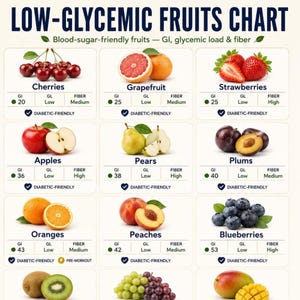 Diagram över lågglykemiska frukter, GI, glykemisk belastning och fiberguide, diagram över lågglykemiska frukter, diabetesvänliga frukter, glykemisk indexguide för frukter