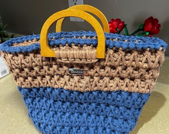 Denim Blue , and brown Handmade Purse
