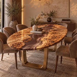 Puede incluir: Una mesa de comedor ovalada con un tablero de madera de borde natural y una incrustación central de resina púrpura translúcida, apoyada sobre una base metálica en forma de U de color oro cepillado, rodeada de seis sillas tapizadas en color topo.