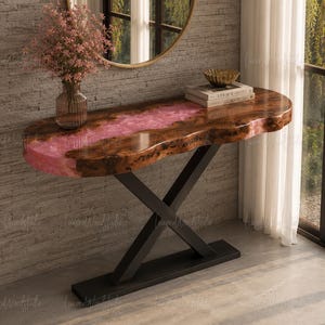 Pink Resin River Console Table, Live Edge Burl Wood Entryway Furniture