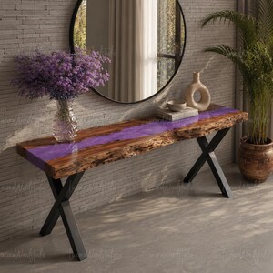 Custom Purple Resin River Console Table, Live Edge Walnut, Modern Hallway Furniture