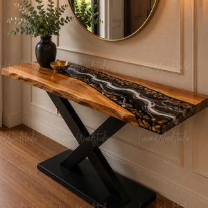 Live Edge Wood River Console Table, Black Resin Stone Accent Furniture