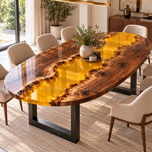 Custom Live Edge Epoxy River Dining Table, Yellow Resin Oval Top, Handcrafted Wood Art