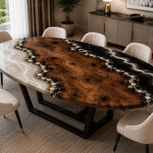 May include: An oval dining table featuring a central slab of brown burl wood with a natural edge, flanked by white and black resin sections. The resin areas are inlaid with small, circular stone accents along the wood edges and black metal legs.