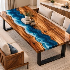 Custom Live Edge Wood Dining Table Top, Blue Epoxy River Design, Ocean-Inspired Luxury Furniture