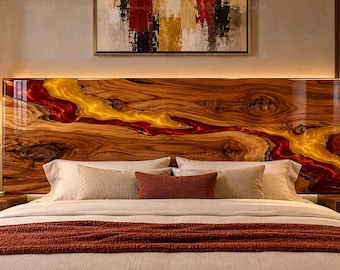 Custom Live Edge Wood Resin Headboard, Amber Red Epoxy River Design, King Queen Size
