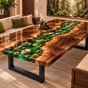 May include: A rectangular dining table featuring a live-edge wood slab with a central river-like inlay of green resin, embedded with moss and smooth stones. The table is supported by a black metal frame and has a polished, glossy finish.