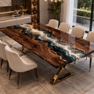 Puede incluir: Una mesa de comedor rectangular con una superficie de madera pulida y una incrustación central de resina fluida en tonos azul, blanco y dorado. La mesa se apoya sobre una base de metal dorado en forma de X y está rodeada por seis sillas color crema.