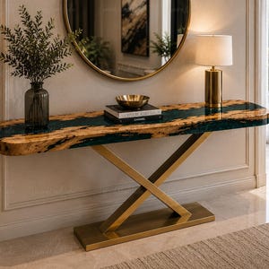 Mesa consola de resina con borde natural / Mesa de entrada de resina epoxi color verde azulado con base en X dorada