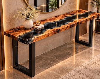 Live Edge Burl Wood soffbord, svart epoxihartskonsol, handgjorda lyxiga entrémöbler, specialanpassat hallbord svart hartskonsol,