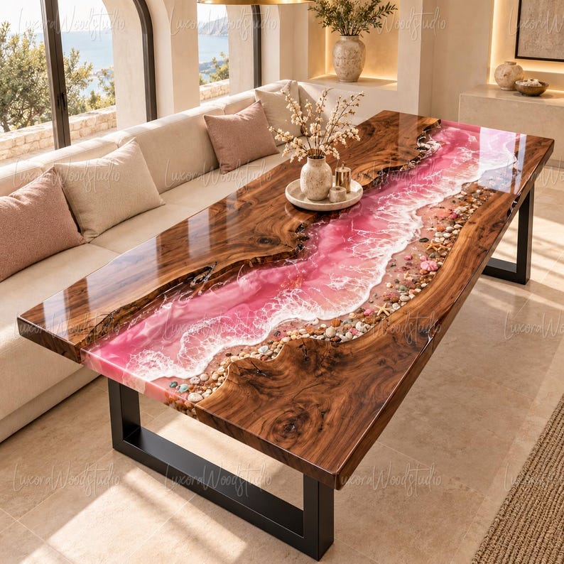 Statistical Table Shells Design Handmade Pink Epoxy Dining Table, Live Edge Wood , Ocean Wave Resin ...