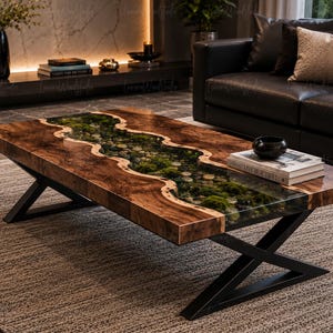 Specialdesignat epoxihartsbord, valnöt med naturlig kant, mossa och stenar, rustikt soffbord