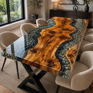 May include: A rectangular dining table featuring a live edge wood slab center with a natural grain pattern, flanked by clear resin channels filled with smooth, multi-colored river stones, supported by a black metal X-shaped base frame.