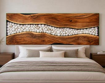 Walnut Wood Headboard, White Epoxy Resin River Design, Handmade Rustic Bedroom Wall Decor White Resin River with Natural Stones, Wall Art