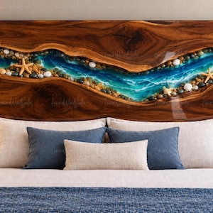 Custom Live Edge Wood Ocean Wave Resin Headboard, Seashells & Pebbles, Coastal Bedhead