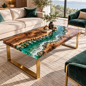Puede incluir: Una mesa de centro rectangular con una losa de madera natural de borde irregular y un diseño de río central hecho de resina verde translúcida. La resina imita agua corriente con detalles de espuma blanca y piedras incrustadas. Patas de metal dorado.