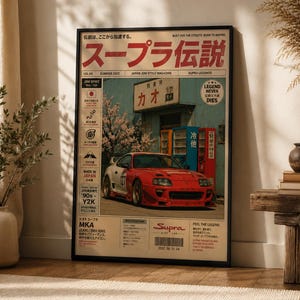 Puede incluir: Un póster enmarcado que muestra un coche deportivo Toyota Supra rojo aparcado frente a un edificio con máquinas expendedoras y cerezos en flor. El diseño incluye texto en japonés e inglés, especificaciones técnicas y un código de barras.