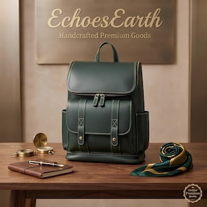 Op de afbeelding: Een donkergroene leren rugzak met een handvat aan de bovenkant, een voorvak met twee verticale riemen met metalen noppen en ritsen. Op de achtergrond staat de tekst EchoesEarth Handcrafted Premium Goods en een kwaliteitszegel.