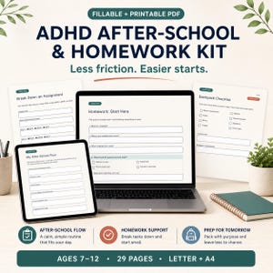 Pode incluir: Um kit digital de ADHD para depois da escola e trabalhos de casa com documentos PDF preenchíveis e imprimíveis num portátil e tablet. O kit inclui páginas para dividir tarefas, fluxos de trabalho e listas de verificação para mochilas.