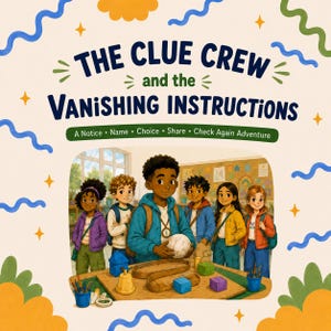 May include: A book cover titled The Clue Crew and the Vanishing Instructions featuring six children standing behind a wooden table with a circular track, a white ball, and colorful blocks. The background has wavy blue and green lines and stars.