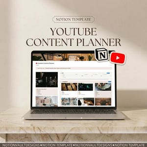 May include: A laptop displaying a YouTube Content Planner Notion template. The screen shows a dashboard with project tracking, thumbnail previews, and video status columns. Icons for Notion and YouTube are visible above the screen.