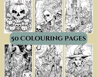 50 Halloween Colouring Pages Instant Download printable coloring book PDF adult colouring Spooky Scary Fun Fantasy colour page