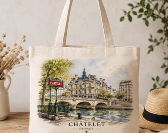 Châtelet France Watercolor Tote Bag | Paris Travel Canvas Shopping Bag