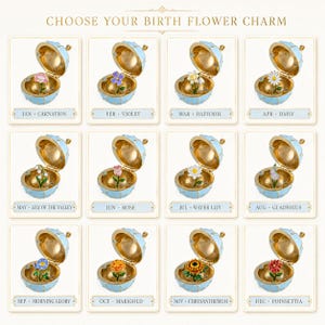 May include: A collection of twelve light blue, egg-shaped metal charms, each opening to reveal a unique enameled birth flower. The text CHOOSE YOUR BIRTH FLOWER CHARM is at the top, with labels for each month from January to December below each charm.
