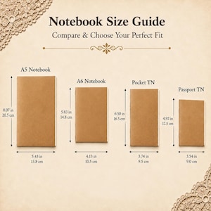 May include: A notebook size guide chart featuring four brown notebooks labeled A5, A6, Pocket TN, and Passport TN. Each notebook includes dimensions in inches and centimeters. The text reads Notebook Size Guide, Compare & Choose Your Perfect Fit.
