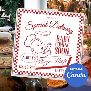 May include: A square pizza box lid featuring a red and white checkered border and red text that reads Special Delivery, Baby Coming Soon, Albert's Pizza Shop, May 2026, and 08.29.26. A cartoon baby wearing a chef hat is tossing a pizza dough circle.