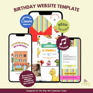 Può includere: Un modello di sito web di compleanno digitale con personaggi di Sesame Street, tra cui Big Bird, Elmo e Bert. Il design include un modulo RSVP, musica e campi di testo modificabili per i dettagli della festa, visualizzati su tre schermi di smartphone.