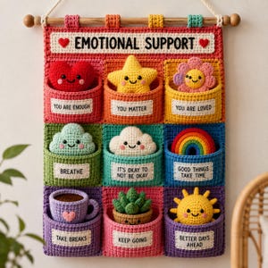May include: A wall-hanging crochet organizer featuring nine pockets, each containing a small plush figure. The header reads EMOTIONAL SUPPORT. Pockets include labels: YOU ARE ENOUGH, YOU MATTER, YOU ARE LOVED, BREATHE, IT'S OKAY TO NOT BE OKAY, GOOD THINGS TAKE TIME, TAKE BREAKS, KEEP GOING, and BETTER DAYS AHEAD.