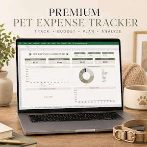 May include: A laptop displaying a digital pet expense tracker spreadsheet with the text PREMIUM PET EXPENSE TRACKER TRACK BUDGET PLAN ANALYZE. The dashboard includes a pie chart, budget vs actual graphs, and monthly trend data for pet costs.