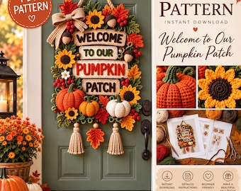 Schema per appendere alla porta un campo di zucche all'uncinetto / Decorazione autunnale per la porta in PDF / Cartello di benvenuto all'uncinetto / Alternativa alla ghirlanda autunnale / Schema di livello intermedio