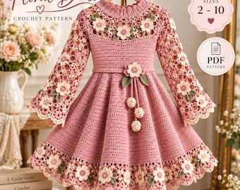 Modello per abito all'uncinetto per bambine / Abito vintage a trapezio con stampa floreale in formato PDF / Abito da damigella d'onore / Taglie 2-10 / Termini USA / Download immediato