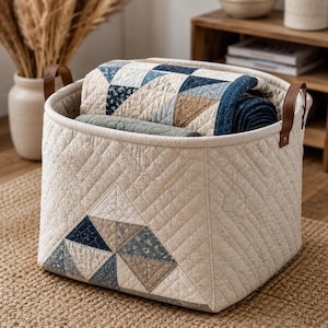 May include: A cream-colored quilted fabric storage basket with brown leather handles. The basket features a geometric triangle pattern in shades of blue, tan, and white at the base. A folded blue and white patterned quilt is tucked inside the basket.