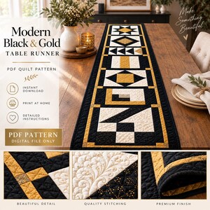 Table Runner Quilt Pattern PDF, Modern Black & Gold Geometric Patchwork | Quilted Table Runner Sewing Pattern | Instant Download
