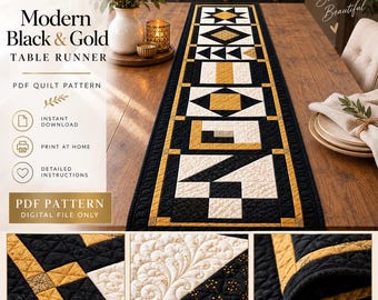 Modello PDF per centrotavola trapuntato, patchwork geometrico moderno nero e oro / Modello di cucito per centrotavola trapuntato / Download immediato