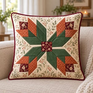 May include: A square throw pillow featuring a central star quilt pattern in dark green, burnt orange with white dots, and cream fabric with a botanical leaf and berry print. The design includes a deep red border and a small floral center square.