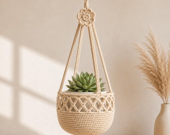 Schema moderno per appendere piante grasse all'uncinetto, vaso a griglia in stile boho (PDF, download immediato)