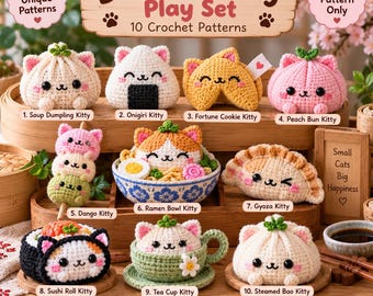 10 modelli di gatti kawaii all'uncinetto in PDF / Pacchetto di modelli amigurumi di cibo / Gattino dim sum / Modello all'uncinetto di ramen, sushi, gyoza, bao e ravioli