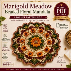 May include: A digital PDF crochet pattern for a round beaded floral mandala placemat titled Marigold Meadow. The design features raised orange flowers, green leaves, and intricate beadwork in a circular arrangement on a cream background.